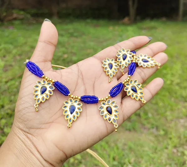 Assamese_Traditional_Gold_Plated_Blue_Colour_Golpata_Necklace_Set_For_Women_&_Girl